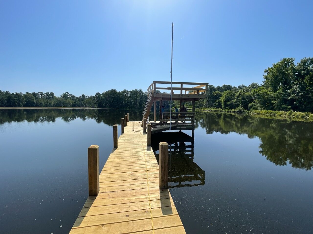 Broxson family swim pier and elevated diving deck in Lovelady, Texas